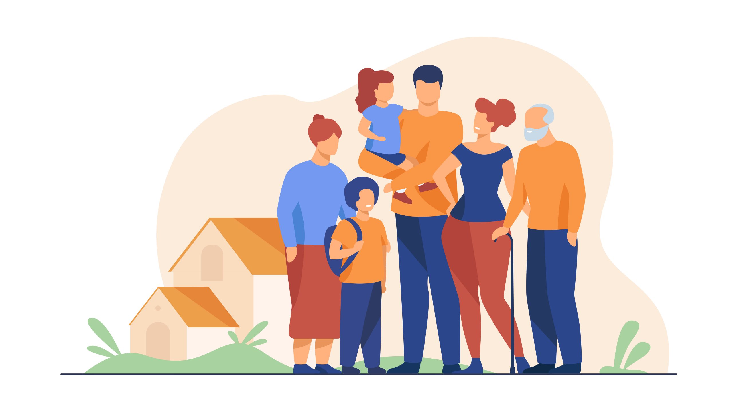 En familie på seks personer som står foran en hus. Illustrasjon.